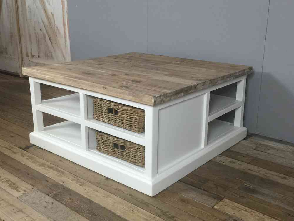 Landelijke salontafel vierkant wit incl vier manden