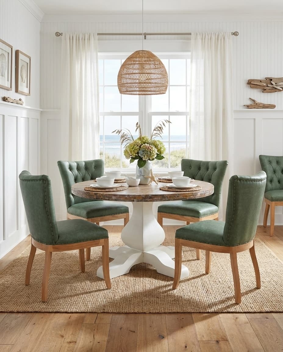ronde tafel met groene stoelen